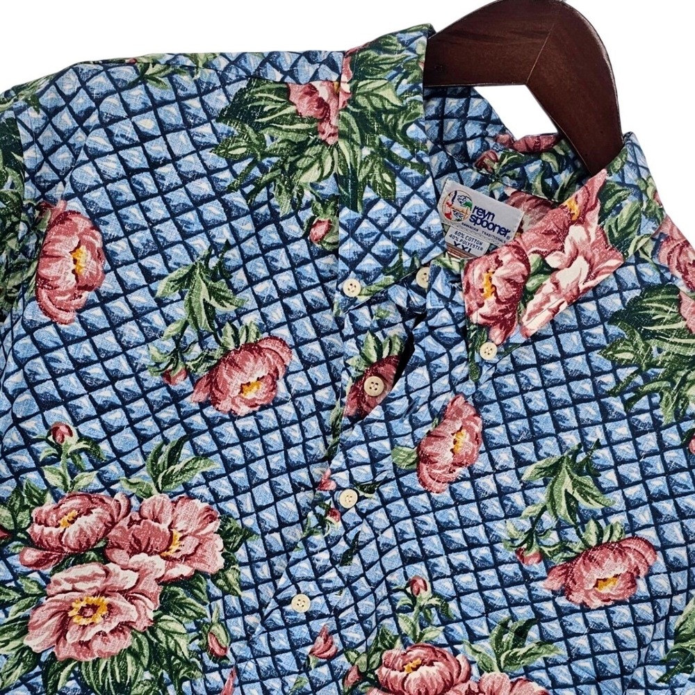 1. Reyn Spooner XXL Blue Pink Floral Lattice Aloha Shirt Made in Hawaii NWOT